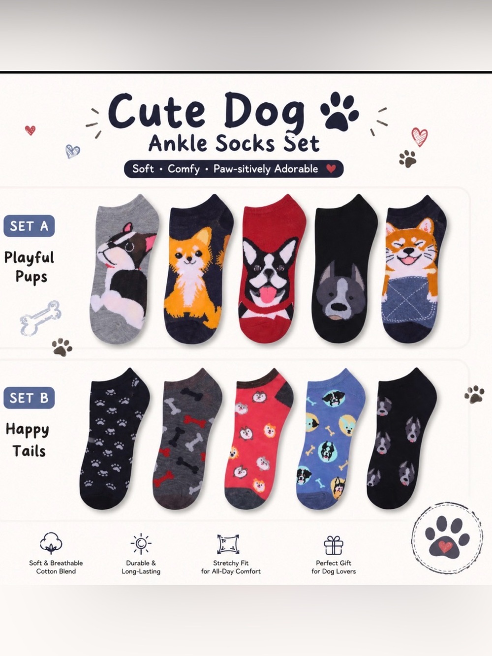 Cute Dog Ankle Socks Set - Assorted Colors